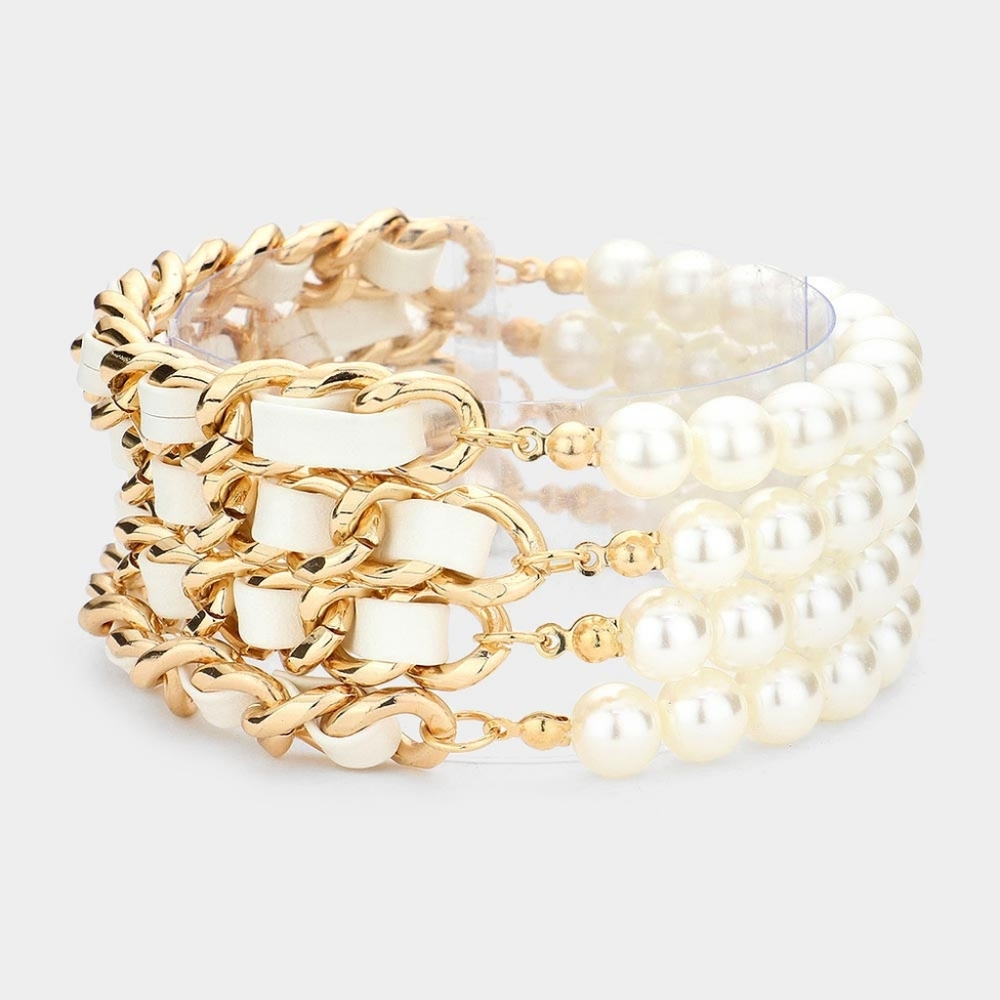 Gold & White Leather Chain Link Braided MultiLayered 4 Statement Bracelet Pearls